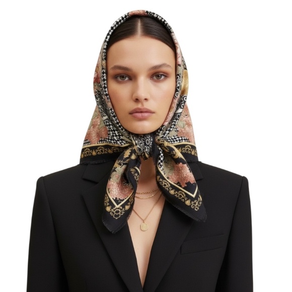 Italian made Baroque style dark blue white gold coral floral print scarf 34 X 34 - Picture 1 of 13